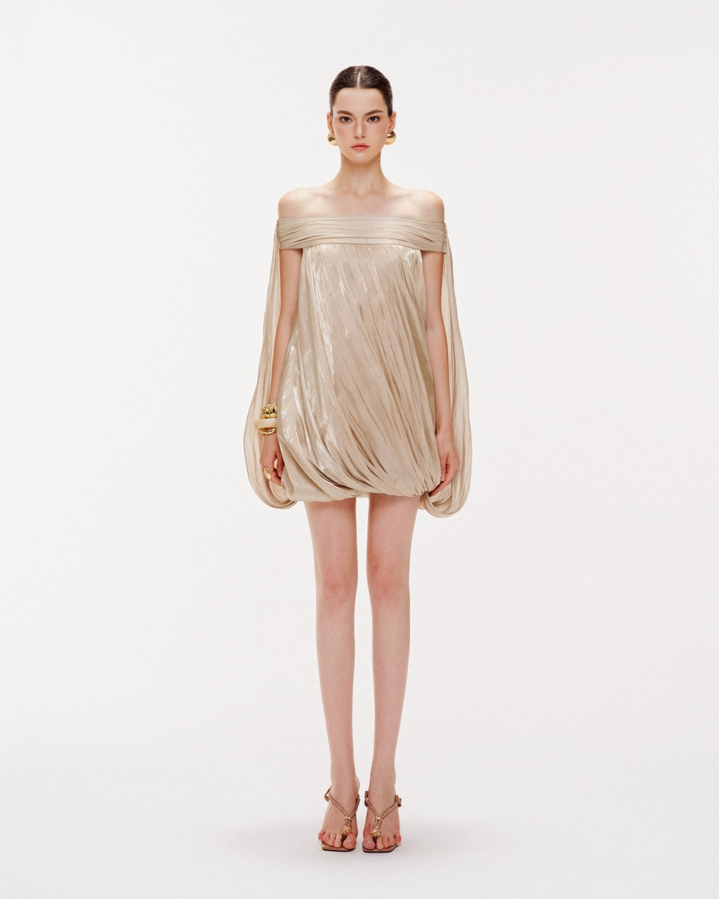 High Neck Sheer Mesh Sleeve Cape Draped Ruched Train Maxi Gown - MAYMOONLY