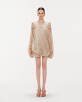 High Neck Sheer Mesh Sleeve Cape Draped Ruched Train Maxi Gown - MAYMOONLY