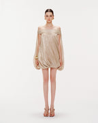 High Neck Sheer Mesh Sleeve Cape Draped Ruched Train Maxi Gown - MAYMOONLY
