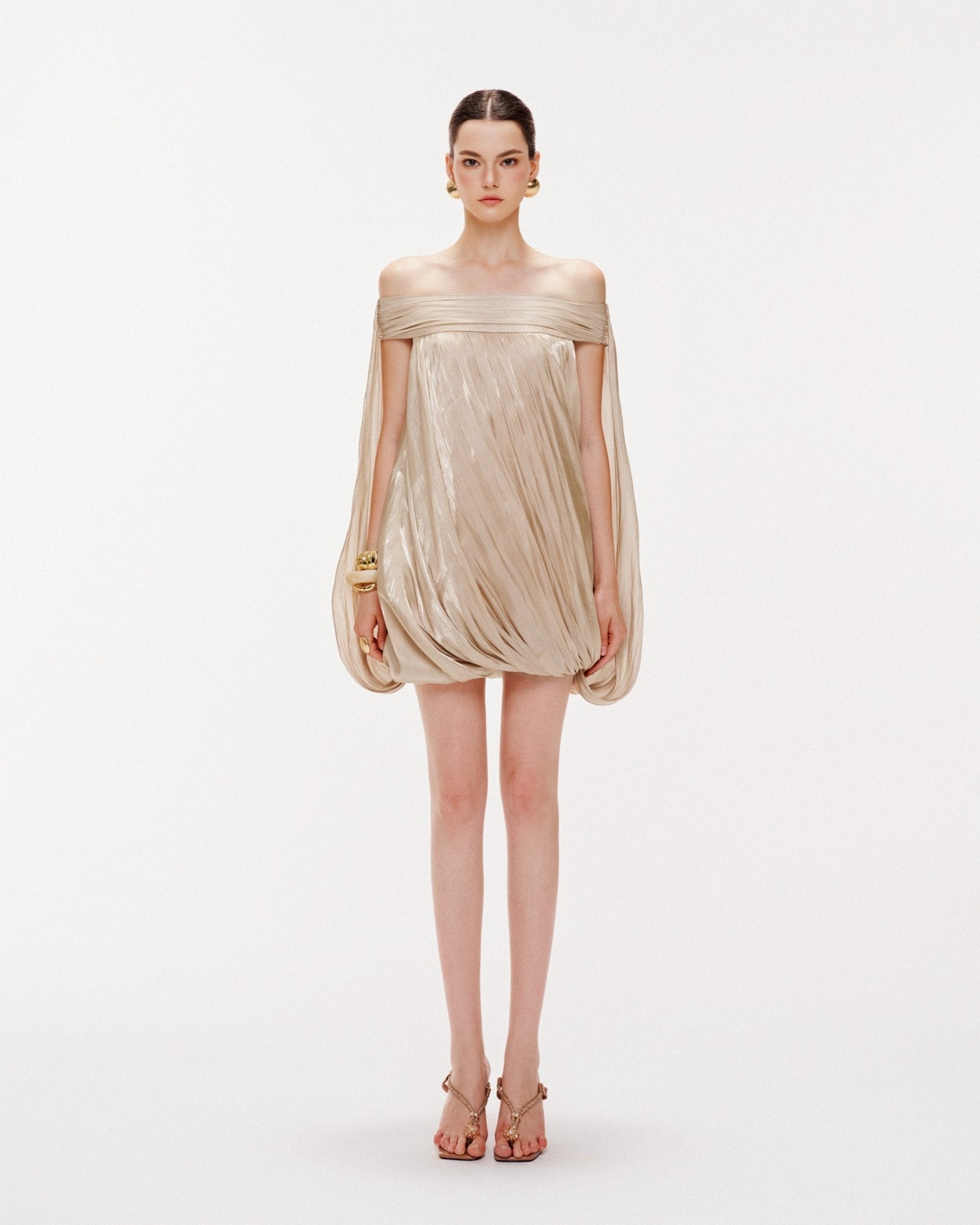 High Neck Sheer Mesh Sleeve Cape Draped Ruched Train Maxi Gown - MAYMOONLY