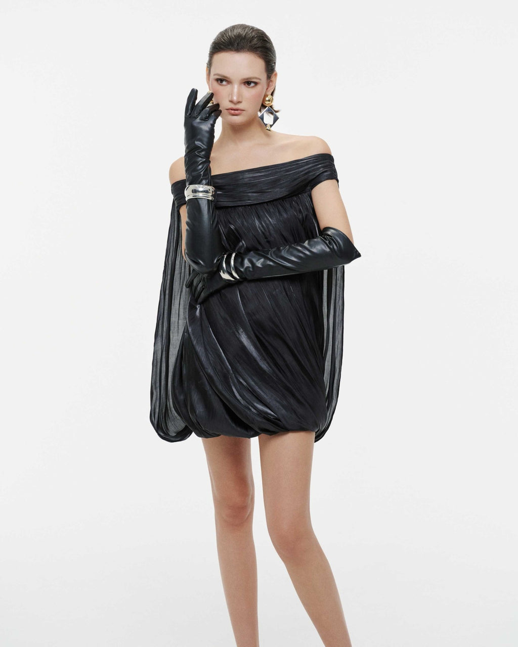 High Neck Sheer Mesh Sleeve Cape Draped Ruched Train Maxi Gown - MAYMOONLY