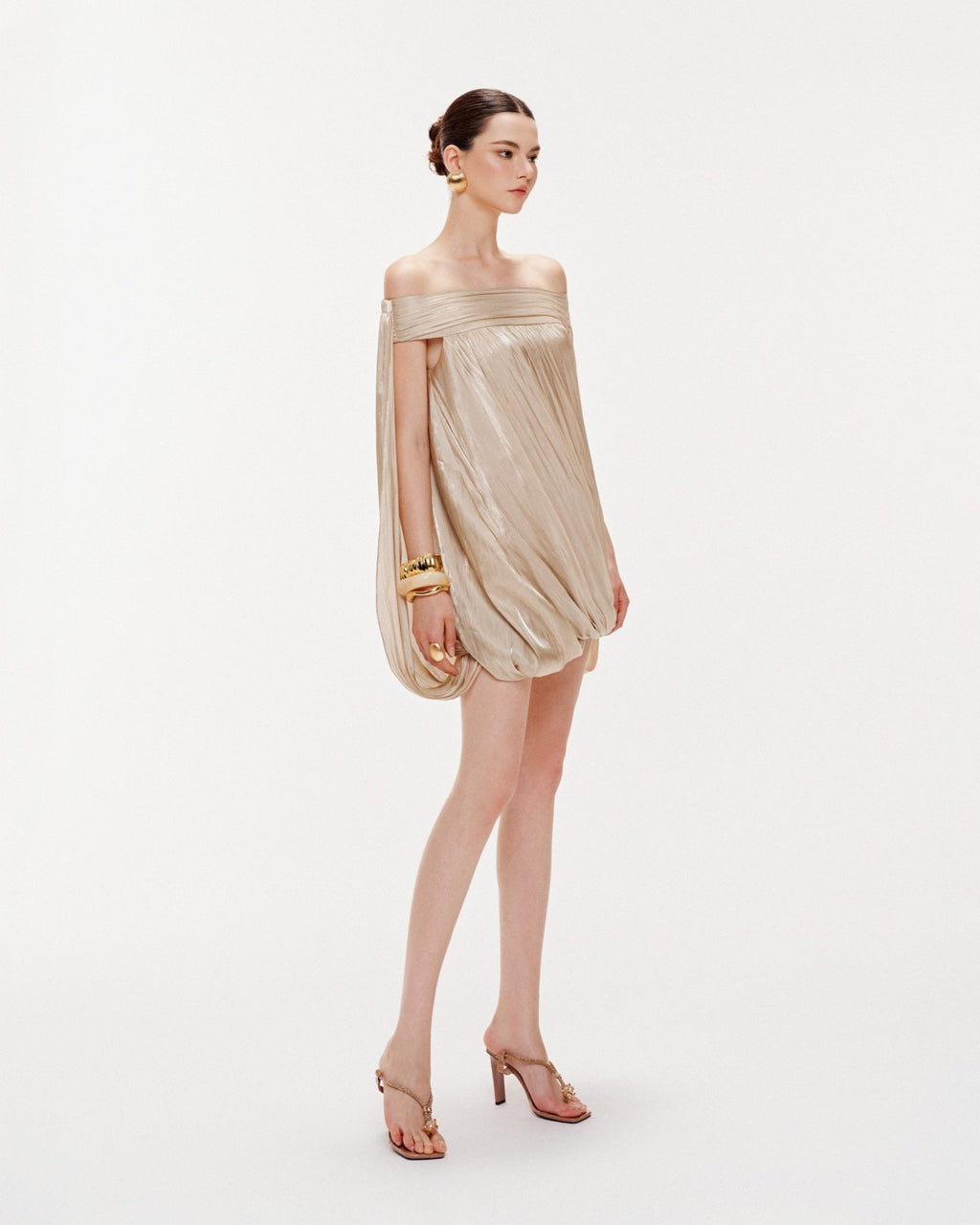 High Neck Sheer Mesh Sleeve Cape Draped Ruched Train Maxi Gown - MAYMOONLY