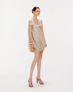 High Neck Sheer Mesh Sleeve Cape Draped Ruched Train Maxi Gown - MAYMOONLY