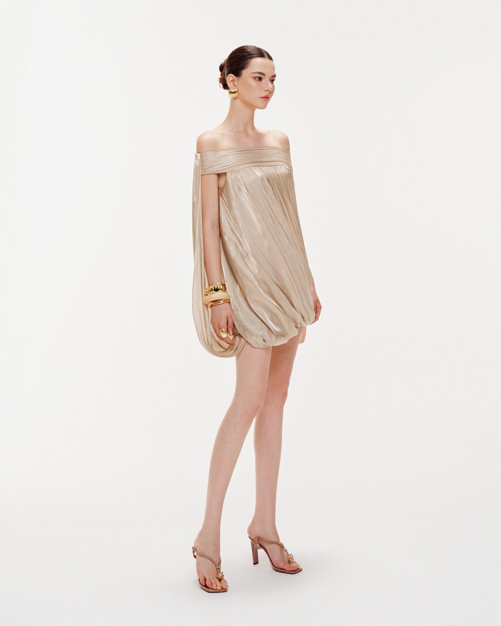 High Neck Sheer Mesh Sleeve Cape Draped Ruched Train Maxi Gown - MAYMOONLY