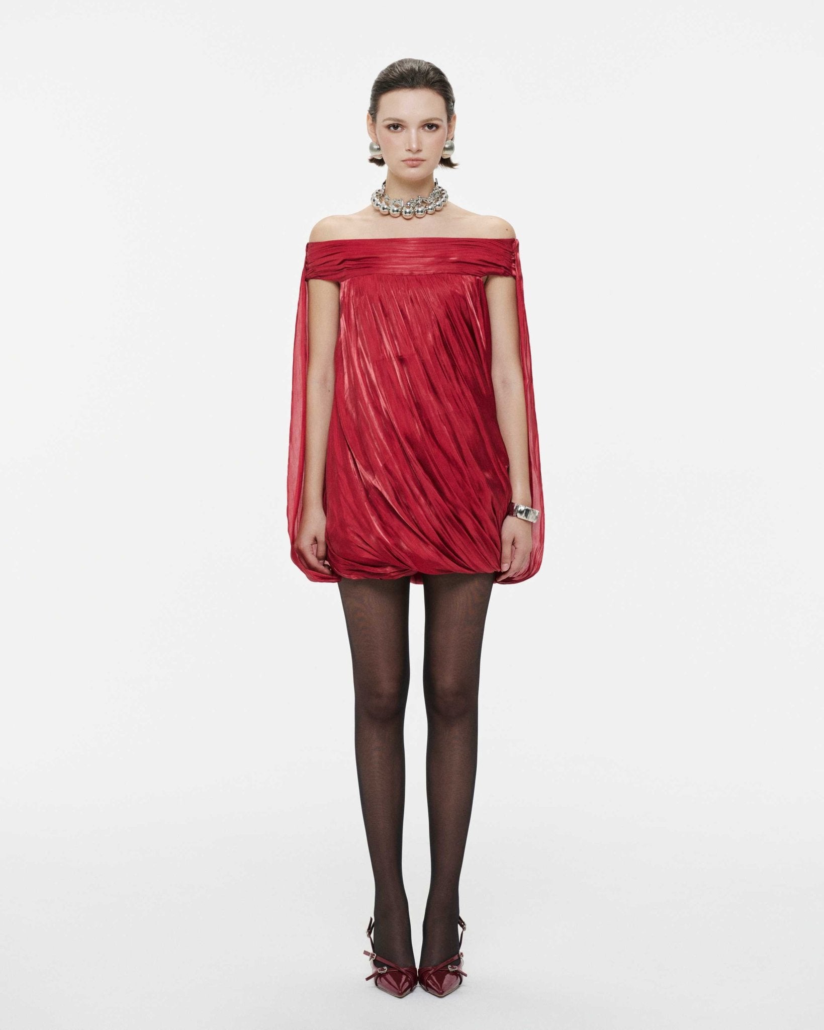 High Neck Sheer Mesh Sleeve Cape Draped Ruched Train Maxi Gown - MAYMOONLY