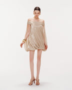 High Neck Sheer Mesh Sleeve Cape Draped Ruched Train Maxi Gown - MAYMOONLY
