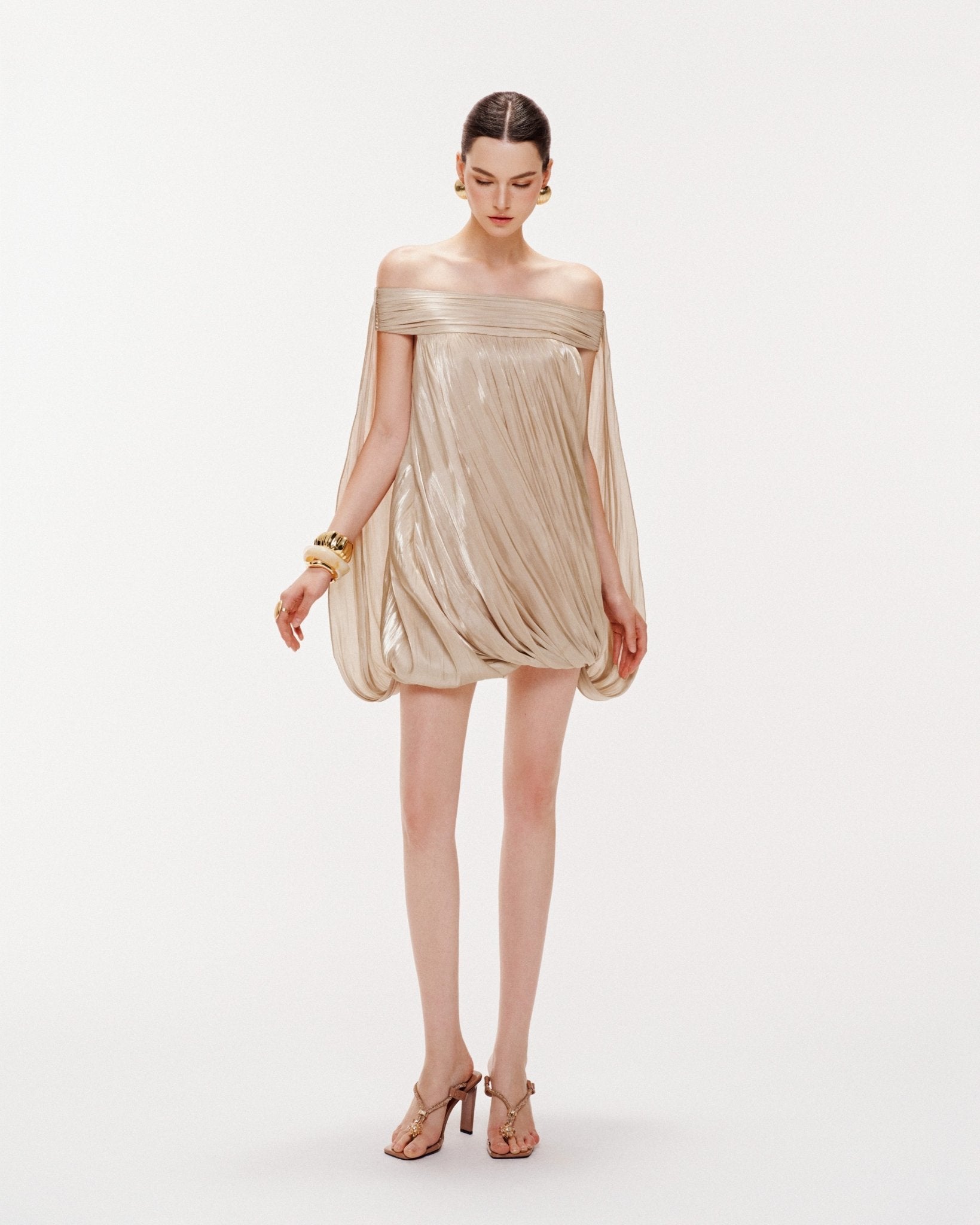 High Neck Sheer Mesh Sleeve Cape Draped Ruched Train Maxi Gown - MAYMOONLY