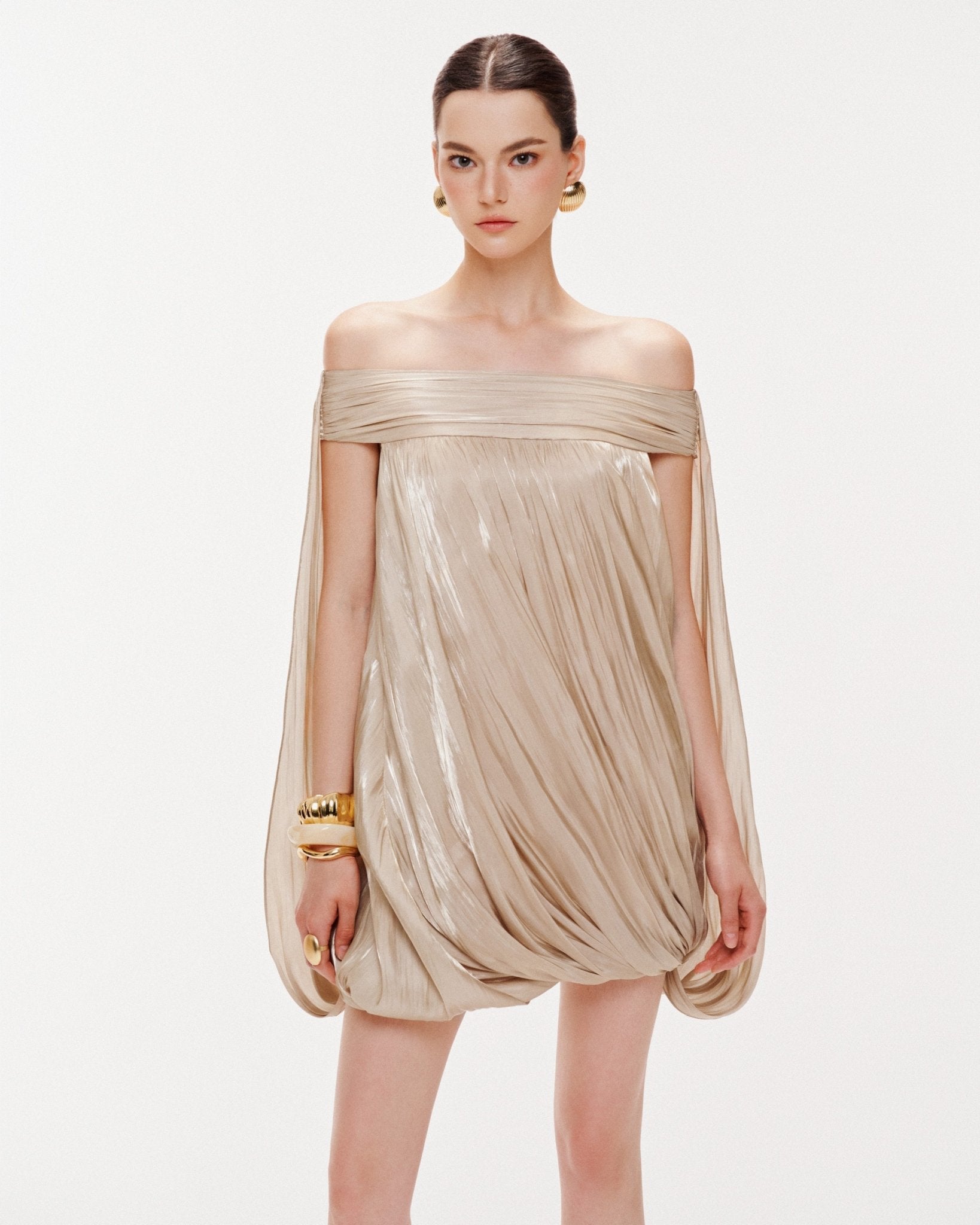 High Neck Sheer Mesh Sleeve Cape Draped Ruched Train Maxi Gown - MAYMOONLY