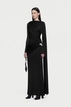 Long Sleeve Asymmetric Single Cape Sleeve Diagonal Ruched Waist Silver Hardware Maxi Gow - MAYMOONLY