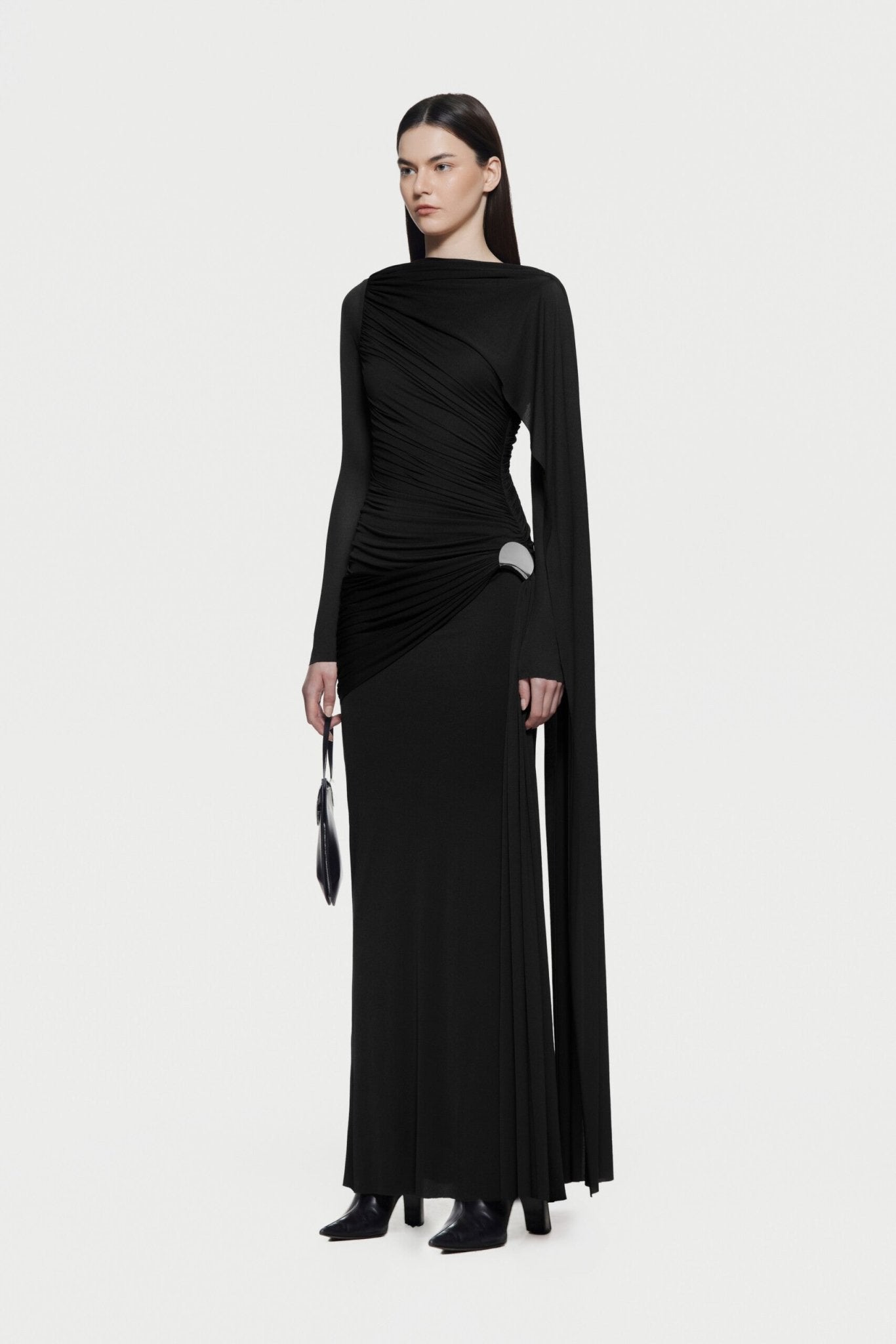Long Sleeve Asymmetric Single Cape Sleeve Diagonal Ruched Waist Silver Hardware Maxi Gow - MAYMOONLY