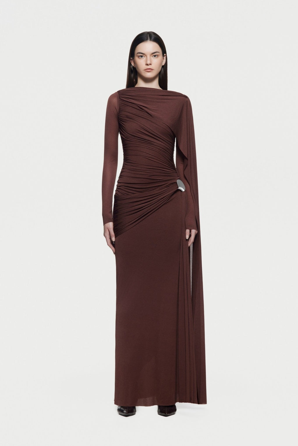Long Sleeve Asymmetric Single Cape Sleeve Diagonal Ruched Waist Silver Hardware Maxi Gow - MAYMOONLY