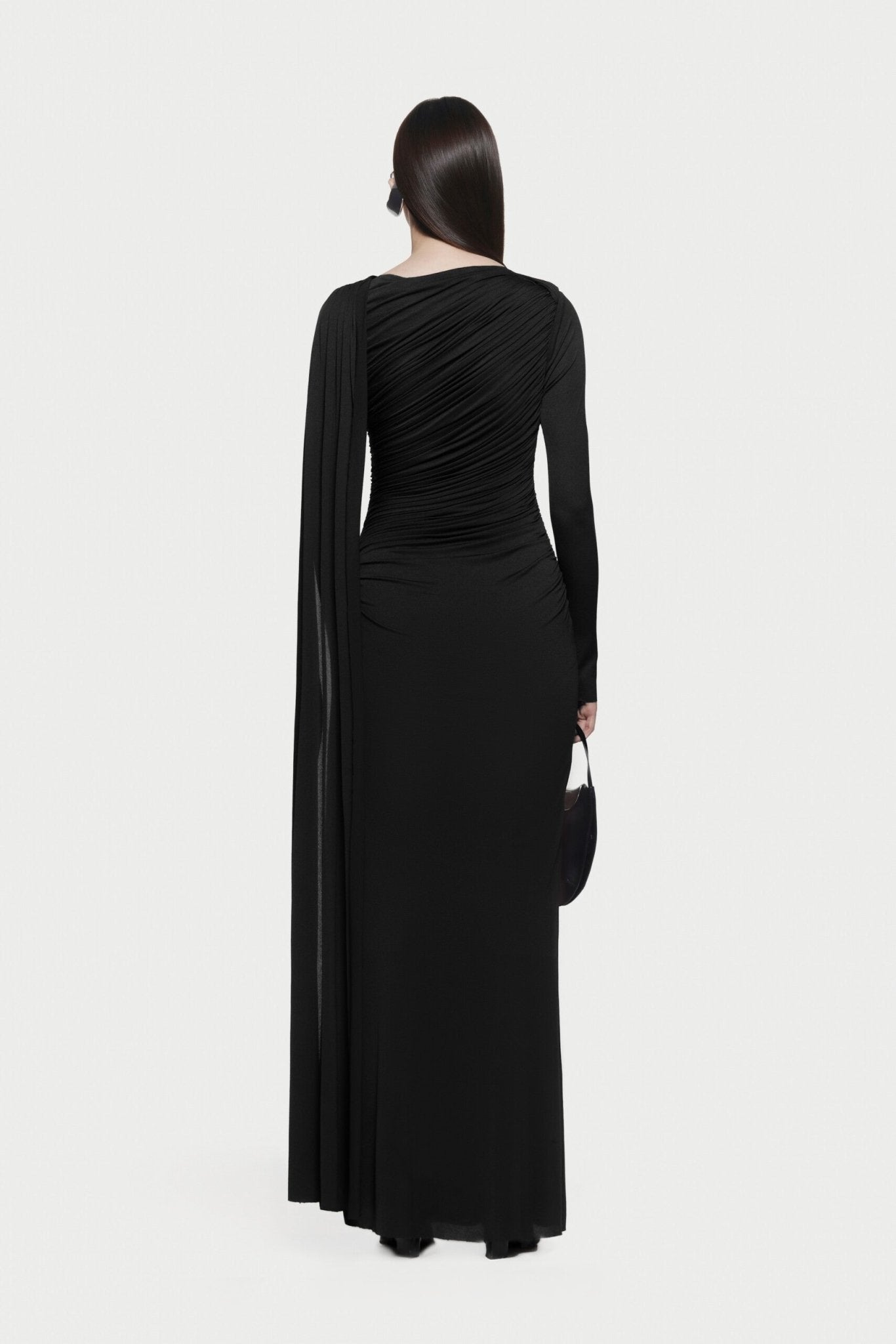 Long Sleeve Asymmetric Single Cape Sleeve Diagonal Ruched Waist Silver Hardware Maxi Gow - MAYMOONLY