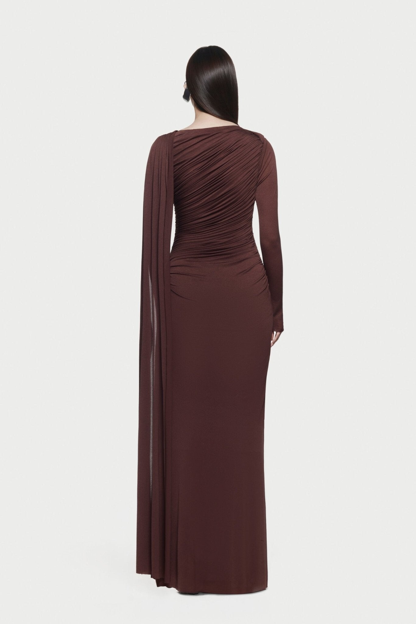 Long Sleeve Asymmetric Single Cape Sleeve Diagonal Ruched Waist Silver Hardware Maxi Gow - MAYMOONLY