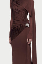 Long Sleeve Asymmetric Single Cape Sleeve Diagonal Ruched Waist Silver Hardware Maxi Gow - MAYMOONLY