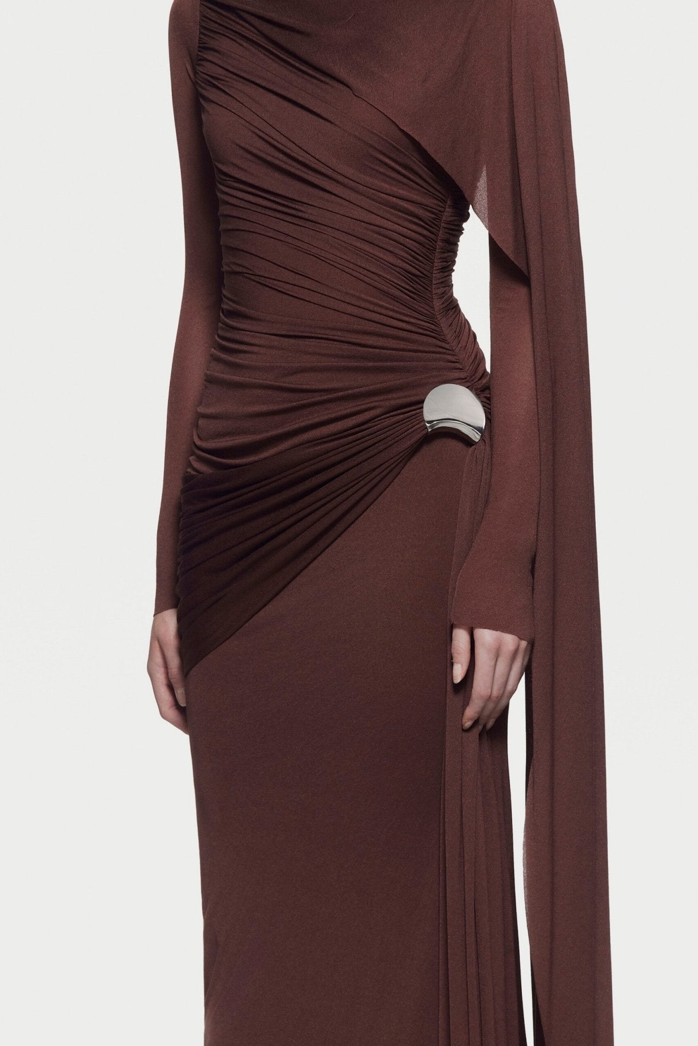 Long Sleeve Asymmetric Single Cape Sleeve Diagonal Ruched Waist Silver Hardware Maxi Gow - MAYMOONLY