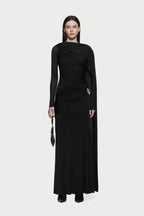 Long Sleeve Asymmetric Single Cape Sleeve Diagonal Ruched Waist Silver Hardware Maxi Gow - MAYMOONLY