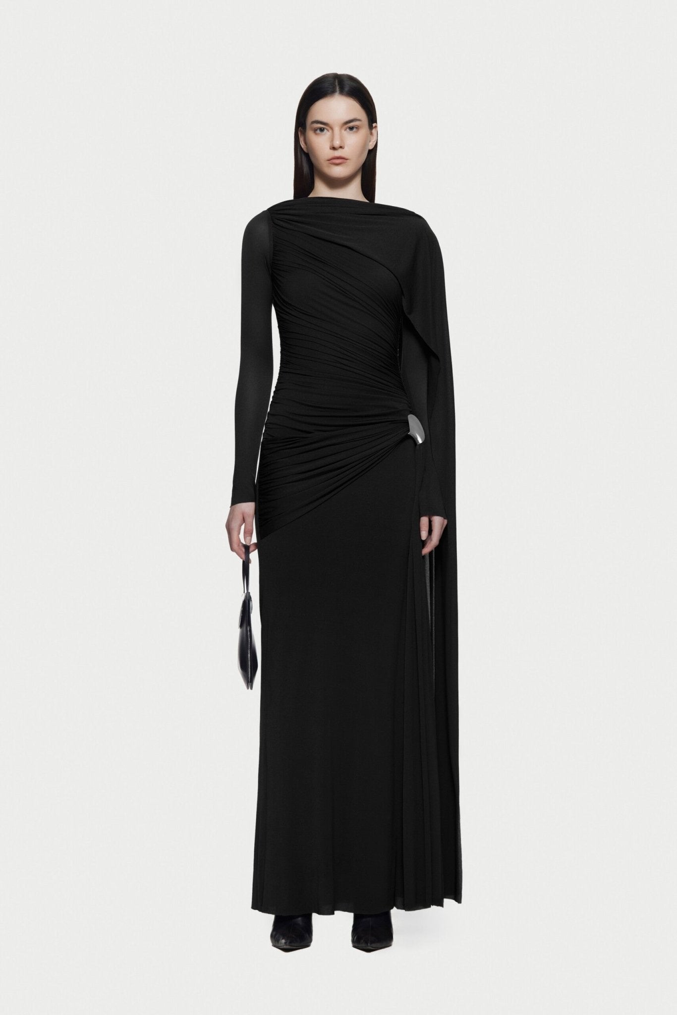 Long Sleeve Asymmetric Single Cape Sleeve Diagonal Ruched Waist Silver Hardware Maxi Gow - MAYMOONLY