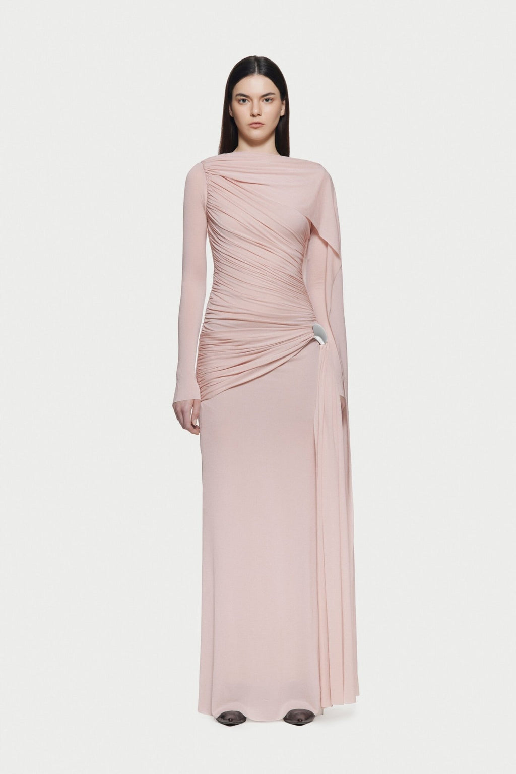 Long Sleeve Asymmetric Single Cape Sleeve Diagonal Ruched Waist Silver Hardware Maxi Gow - MAYMOONLY
