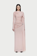 Long Sleeve Asymmetric Single Cape Sleeve Diagonal Ruched Waist Silver Hardware Maxi Gow - MAYMOONLY
