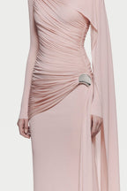 Long Sleeve Asymmetric Single Cape Sleeve Diagonal Ruched Waist Silver Hardware Maxi Gow - MAYMOONLY