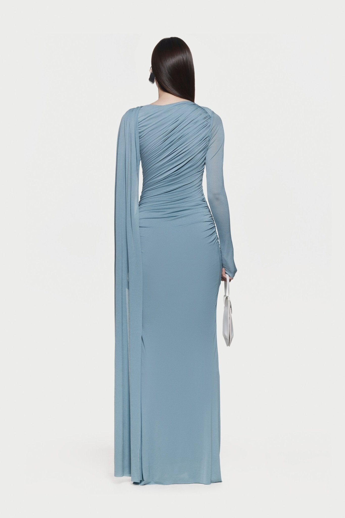 Long Sleeve Asymmetric Single Cape Sleeve Diagonal Ruched Waist Silver Hardware Maxi Gow - MAYMOONLY