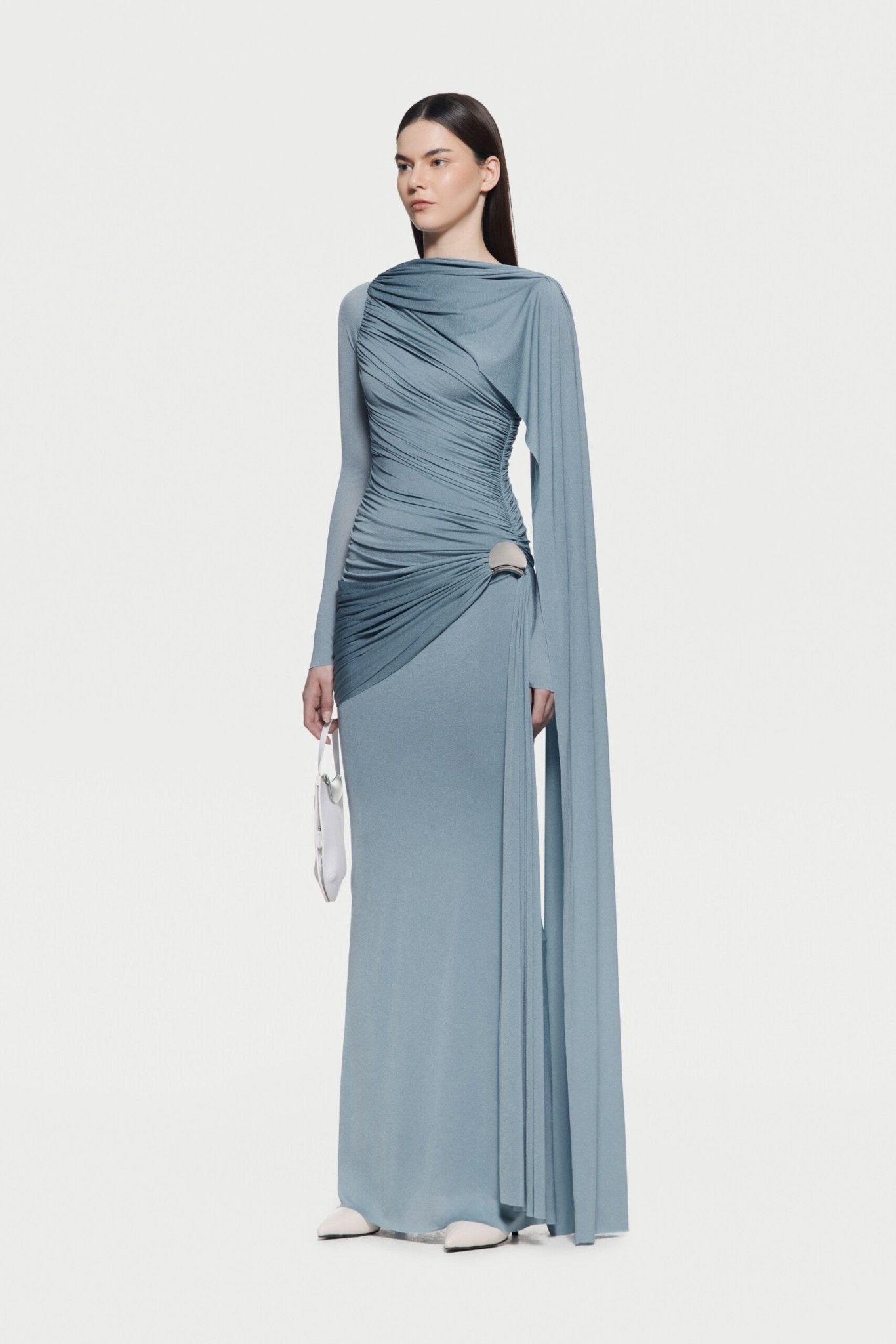 Long Sleeve Asymmetric Single Cape Sleeve Diagonal Ruched Waist Silver Hardware Maxi Gow - MAYMOONLY