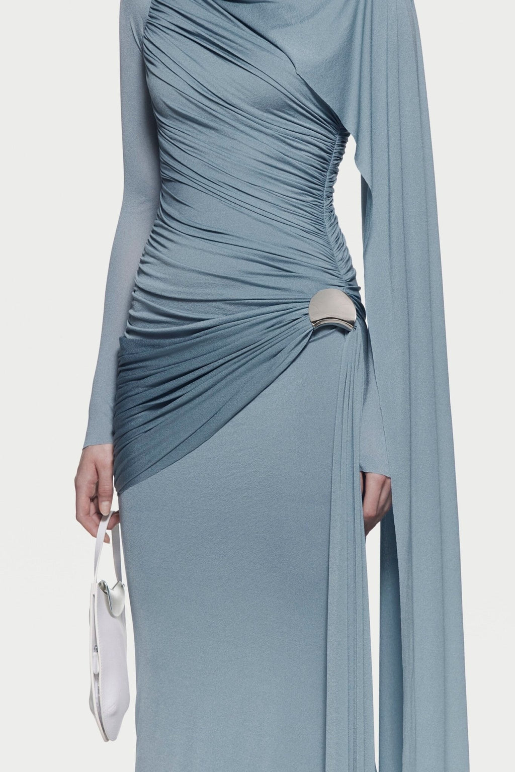 Long Sleeve Asymmetric Single Cape Sleeve Diagonal Ruched Waist Silver Hardware Maxi Gow - MAYMOONLY