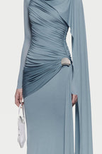 Long Sleeve Asymmetric Single Cape Sleeve Diagonal Ruched Waist Silver Hardware Maxi Gow - MAYMOONLY