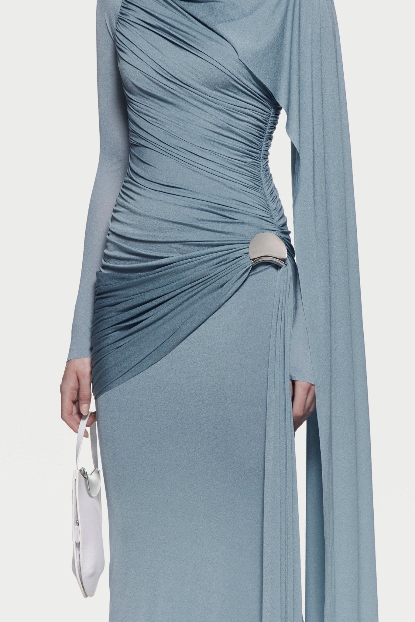 Long Sleeve Asymmetric Single Cape Sleeve Diagonal Ruched Waist Silver Hardware Maxi Gow - MAYMOONLY
