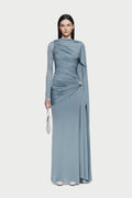 Long Sleeve Asymmetric Single Cape Sleeve Diagonal Ruched Waist Silver Hardware Maxi Gow - MAYMOONLY
