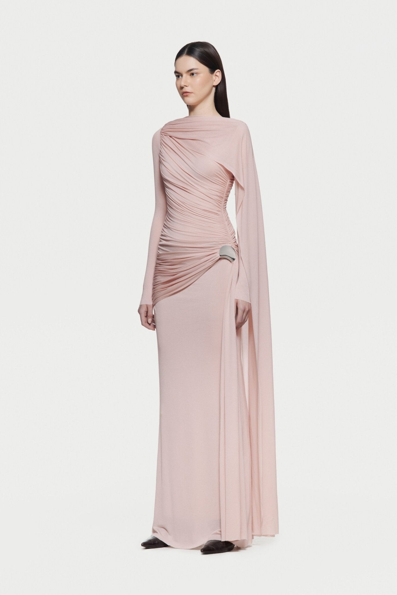 Long Sleeve Asymmetric Single Cape Sleeve Diagonal Ruched Waist Silver Hardware Maxi Gow - MAYMOONLY