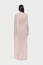 Long Sleeve Asymmetric Single Cape Sleeve Diagonal Ruched Waist Silver Hardware Maxi Gow - MAYMOONLY