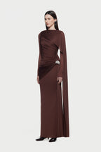 Long Sleeve Asymmetric Single Cape Sleeve Diagonal Ruched Waist Silver Hardware Maxi Gow - MAYMOONLY