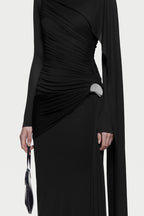 Long Sleeve Asymmetric Single Cape Sleeve Diagonal Ruched Waist Silver Hardware Maxi Gow - MAYMOONLY