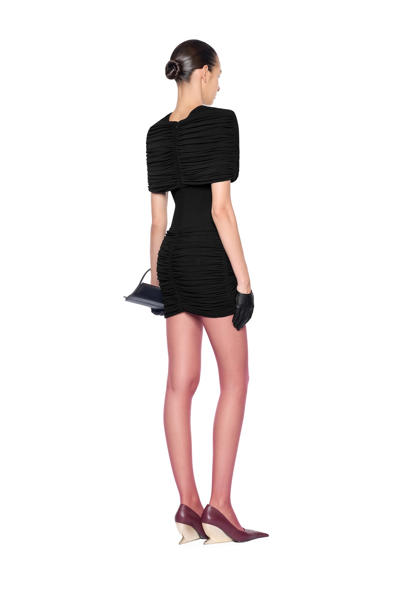 Metal Detail Gathered Shoulder Slim Mini Dress - MAYMOONLY