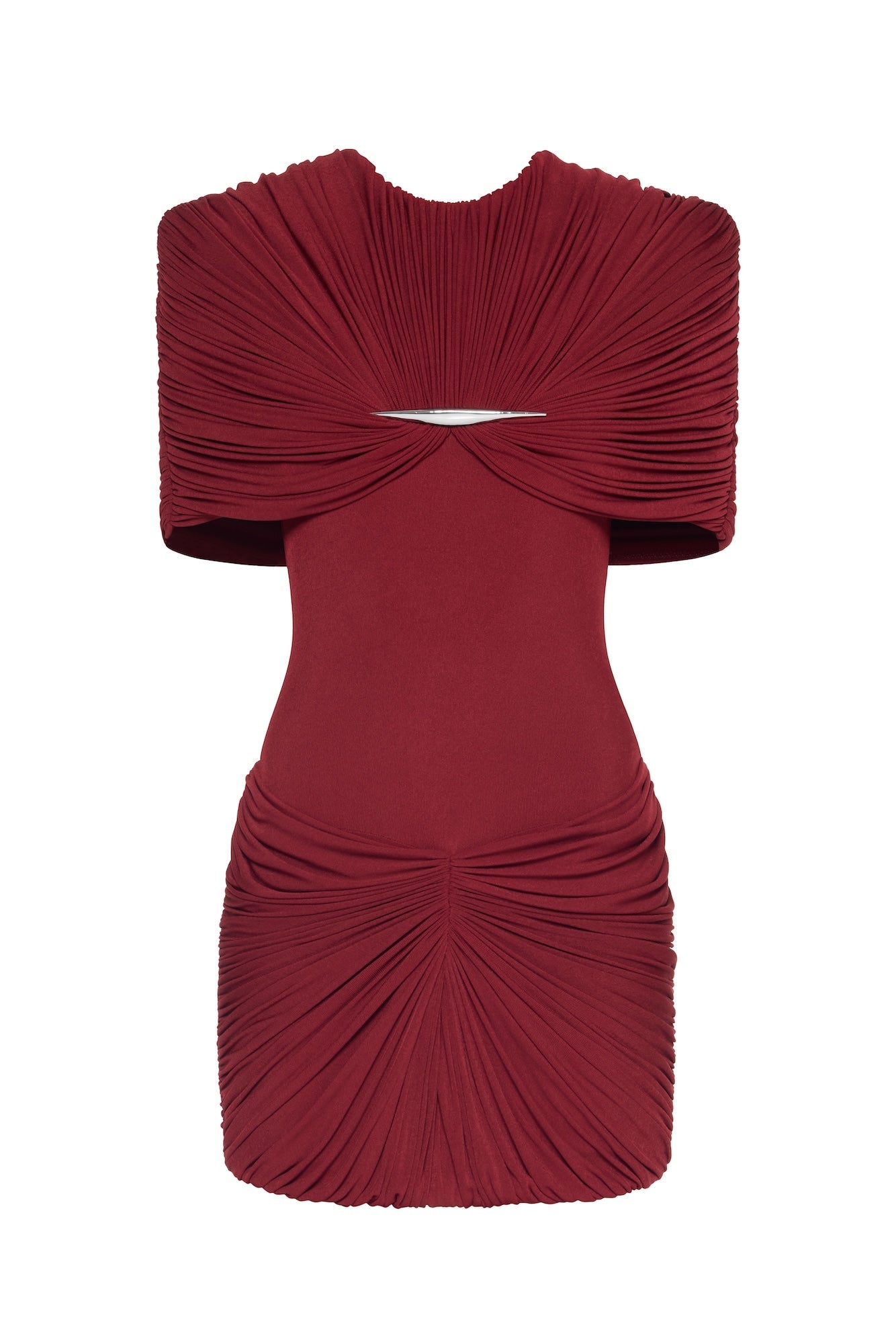 Metal Detail Gathered Shoulder Slim Mini Dress - MAYMOONLY