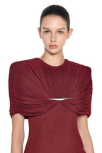 Metal Detail Gathered Shoulder Slim Mini Dress - MAYMOONLY
