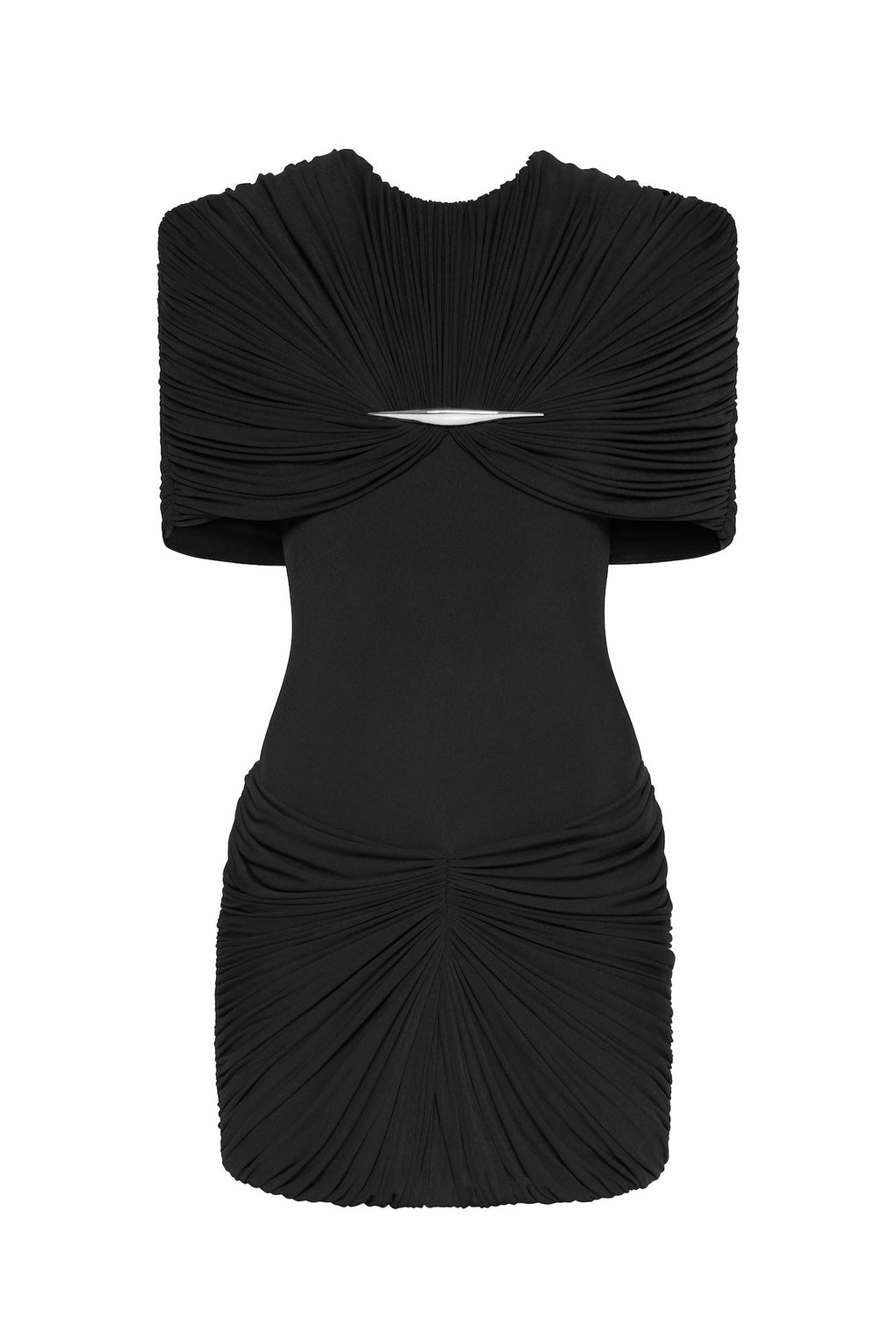 Metal Detail Gathered Shoulder Slim Mini Dress - MAYMOONLY