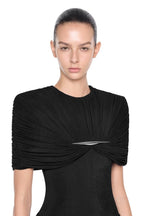 Metal Detail Gathered Shoulder Slim Mini Dress - MAYMOONLY