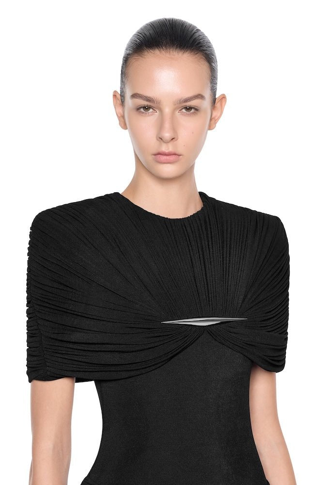 Metal Detail Gathered Shoulder Slim Mini Dress - MAYMOONLY