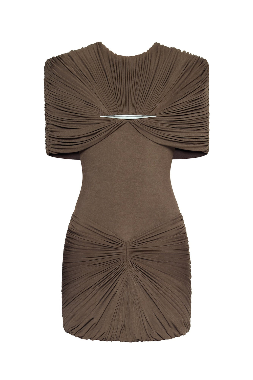 Metal Detail Gathered Shoulder Slim Mini Dress - MAYMOONLY