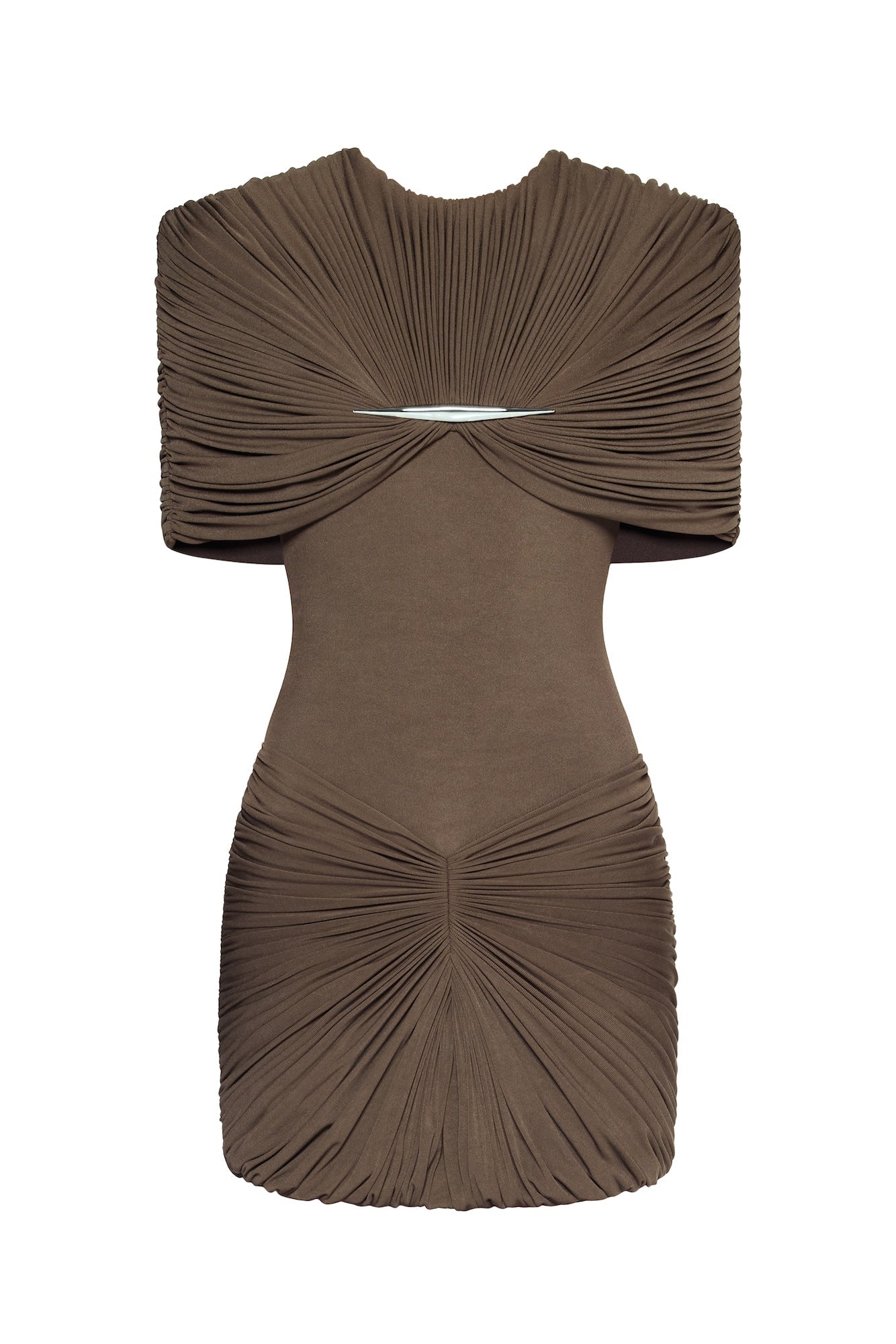 Metal Detail Gathered Shoulder Slim Mini Dress - MAYMOONLY