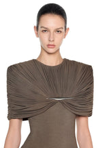 Metal Detail Gathered Shoulder Slim Mini Dress - MAYMOONLY