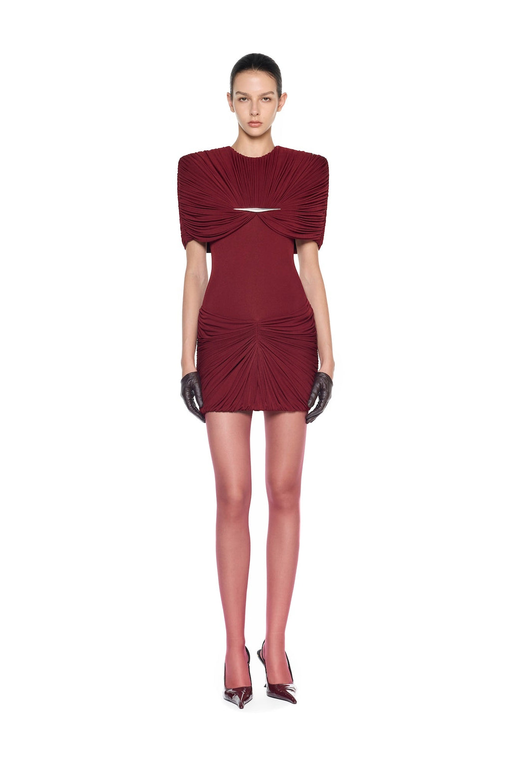 Metal Detail Gathered Shoulder Slim Mini Dress - MAYMOONLY