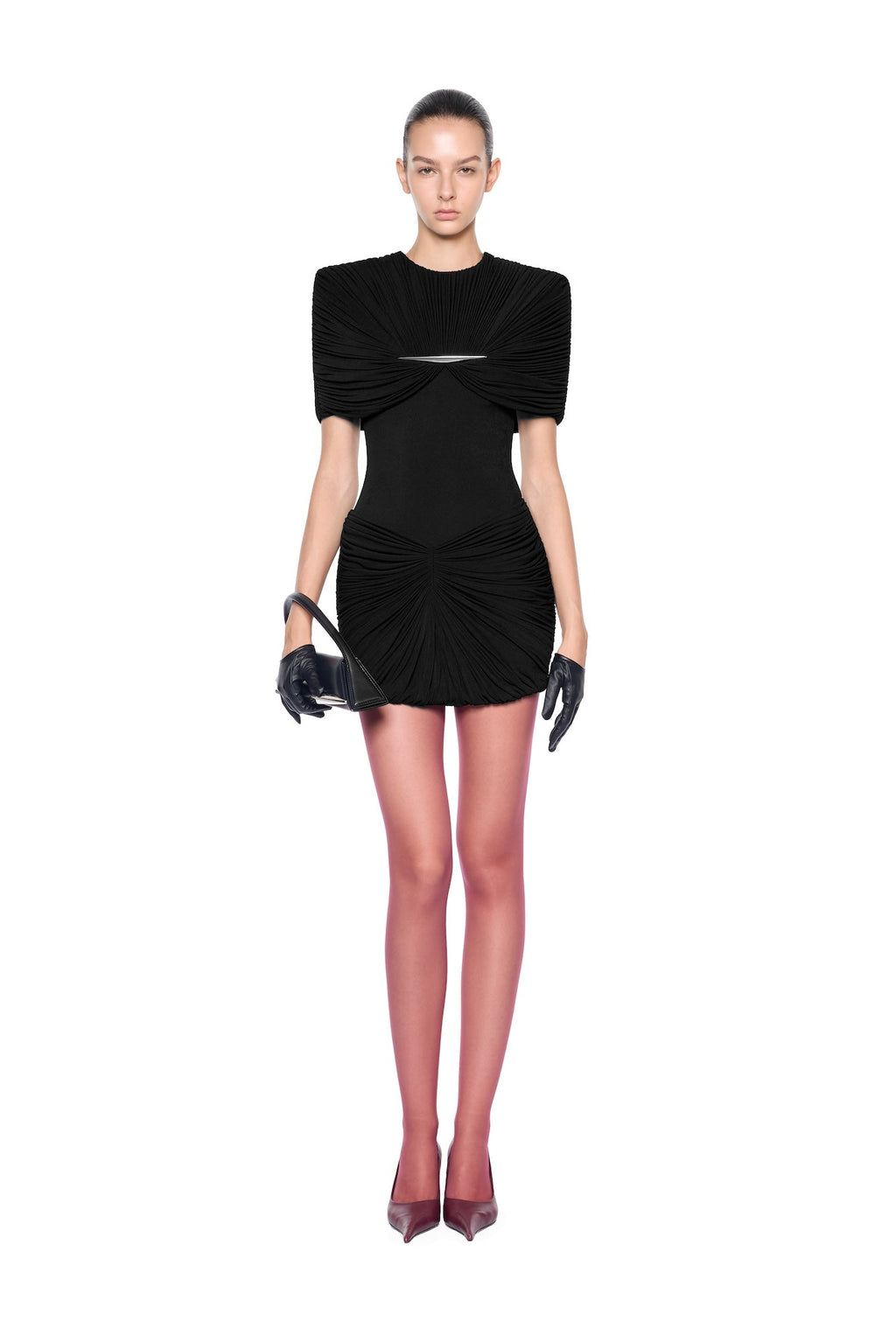 Metal Detail Gathered Shoulder Slim Mini Dress - MAYMOONLY