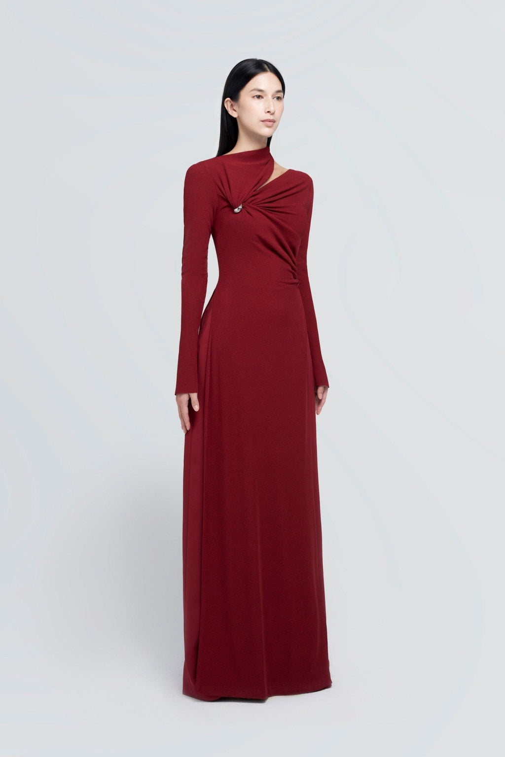 Minimalist Cross Wrap Gathered Bodice Flared Cuff Stretch Knit Formal Long Dress - MAYMOONLY