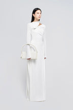 Minimalist Cross Wrap Gathered Bodice Flared Cuff Stretch Knit Formal Long Dress - MAYMOONLY