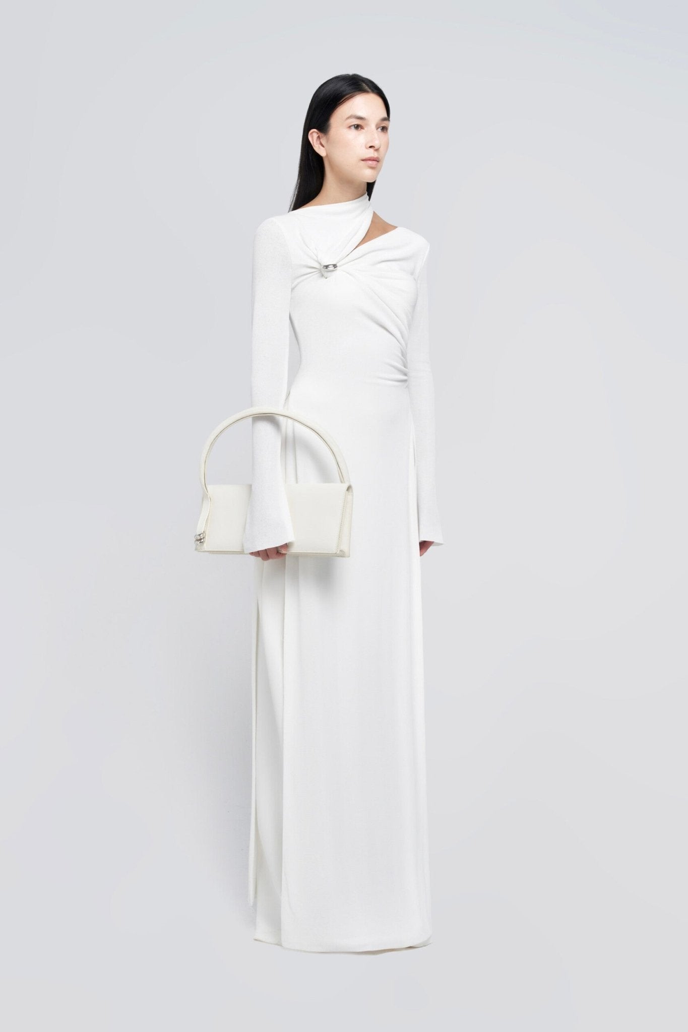 Minimalist Cross Wrap Gathered Bodice Flared Cuff Stretch Knit Formal Long Dress - MAYMOONLY