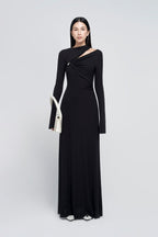 Minimalist Cross Wrap Gathered Bodice Flared Cuff Stretch Knit Formal Long Dress - MAYMOONLY
