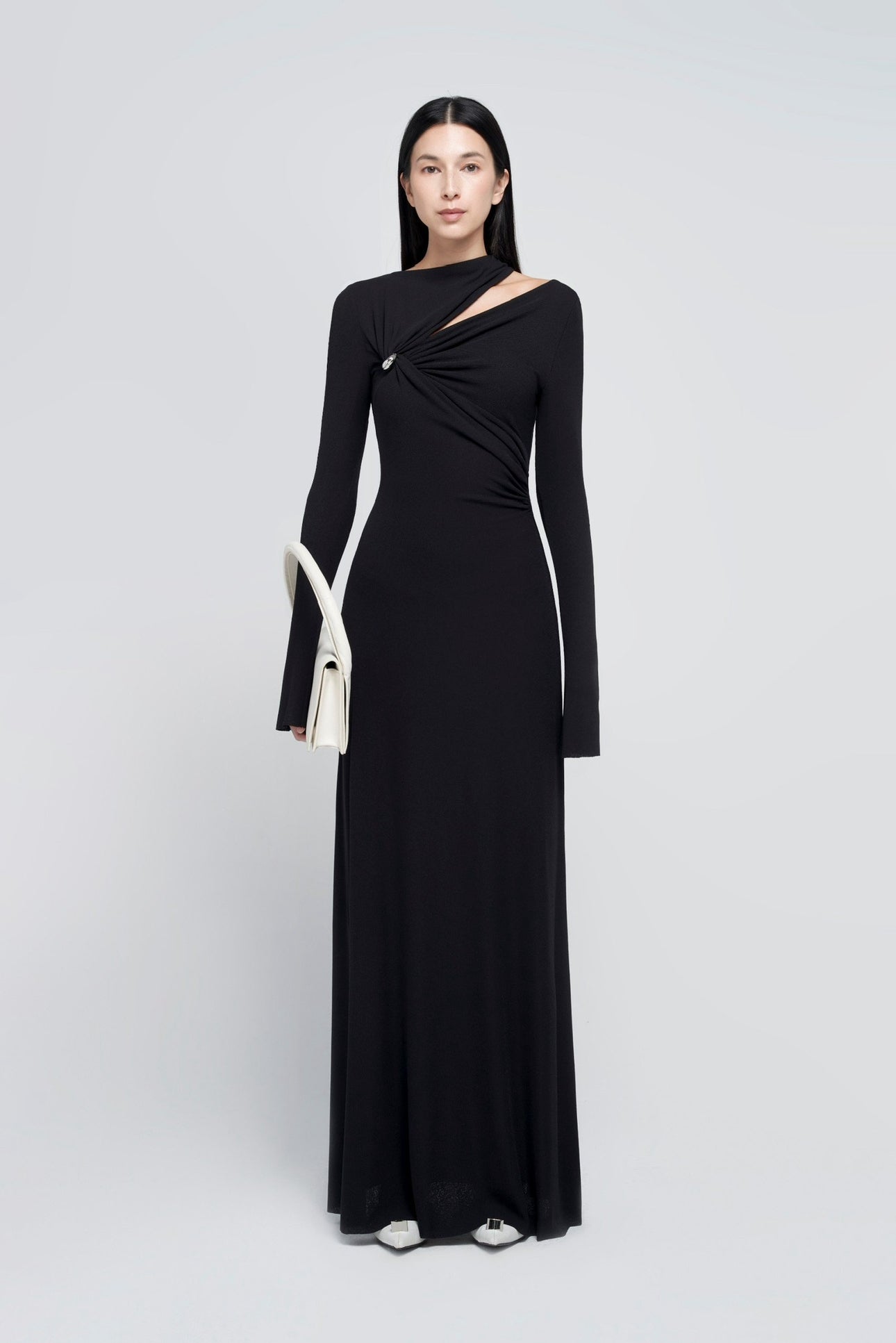 Minimalist Cross Wrap Gathered Bodice Flared Cuff Stretch Knit Formal Long Dress - MAYMOONLY